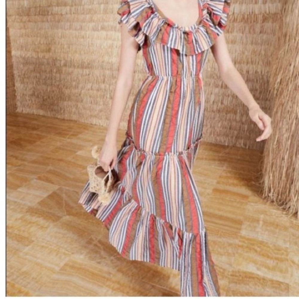 Ulla Johnson Striped Cotton Tiered Maxi Dress Size 2 Off Shoulder Lace Up Back